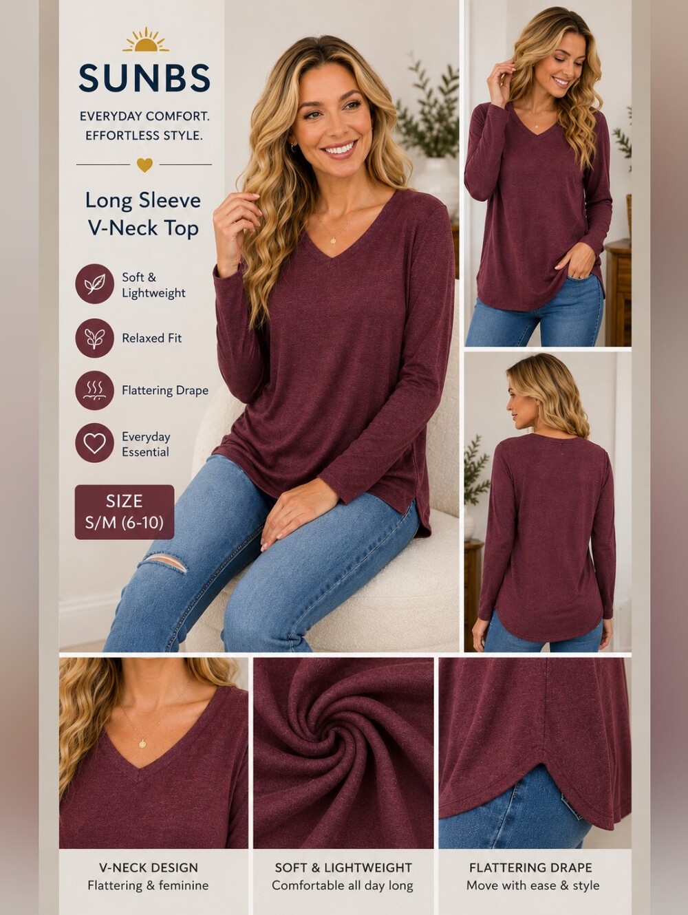 SUNBS Women's Long Sleeve V-Neck Tunic Top Medium NWT Heather Mauve Soft Stretch